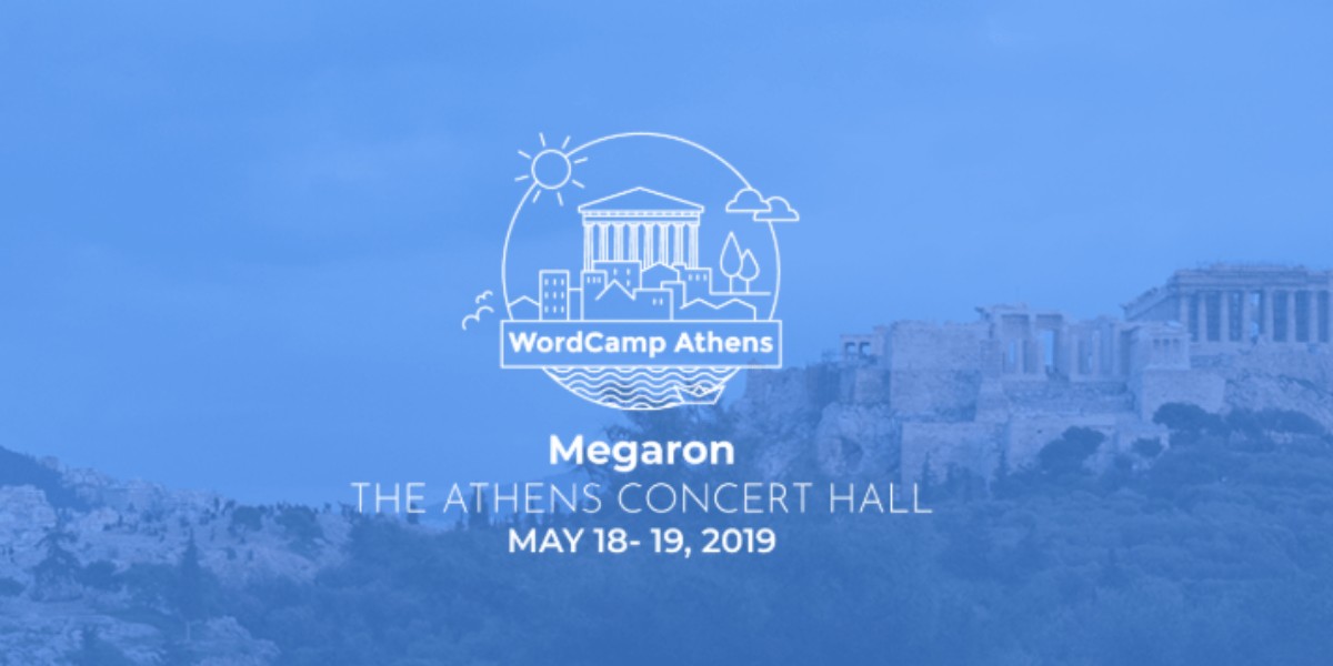 This is the logo of the wordcamp athens 2019 with the acropolis in the background